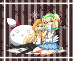  arc_system_works blazblue blazblue:_continuum_shift blonde_hair blush brown_background coat embarrassed glasses gloves green_eyes hood long_hair open_mouth pantyhose platinum_the_trinity ribbon shoes skirt trinity_glassfield 