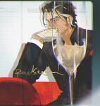  1boy alcohol black_hair black_shirt blue_eyes champagne collared_shirt covered_mouth cup drinking_glass from_side gloves hair_slicked_back hand_up highres loose_clothes loose_shirt male_focus mature_male multicolored_hair original redsakaone scar scar_on_face scar_on_mouth shirt short_hair signature streaked_hair upper_body white_gloves white_streaks wine_glass 