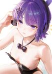  1girl absurdres animal_ears black_bow black_bowtie black_leotard bow bowtie breasts fake_tail headphones highleg highleg_leotard highres hololive hololive_english leotard looking_at_viewer ninomae_ina'nis padoruu playboy_bunny purple_eyes purple_hair rabbit_ears rabbit_tail simple_background small_breasts solo strapless strapless_leotard tail white_background 