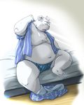  blush boxers chubby clothing kemono male mammal open_shirt overweight polar_bear shirt solo sweat takaki_takashi underwear underwear_around_one_leg undressing wight_bracken 