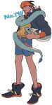  1boy aqua_eyes black_hair black_hoodie black_shoes blue_shorts blush chuu_ni closed_mouth commentary_request dark-skinned_male dark_skin dragonair fang full_body head_wings headband hood hood_down hoodie horns long_sleeves male_focus orange_headband orange_hoodie pokemon pokemon_(creature) pokemon_sword_and_shield raihan_(pokemon) shoes short_hair shorts single_horn skin_fang smile solo spiked_hair standing two-sided_hoodie white_background wings 
