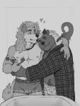 anthro arm_tattoo armpit_hair bathrobe bear bird_dog black_and_white body_hair boomstick_0 boxers_(clothing) brush brushing brushing_hair canid canine canis clothing comb_(brush) domestic_dog dragon duo hair hair_over_eye hairbrush heart_clothing heart_symbol heart_underwear hi_res horn hunting_dog hybrid jewelry male male/male mammal monochrome mythological_creature mythological_scalie mythology necklace pattern_clothing pattern_shirt pattern_topwear personal_grooming plaid plaid_clothing plaid_shirt plaid_topwear pubes retriever robe scalie shaggy_hair shirt shirtless sink smile standing styling_hair tattoo tentacles toothbrush topwear underwear
