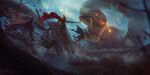 2018 action_scene ambiguous_gender anthro cape clothing concept_art destruction disney fangs feral group hi_res holding_melee_weapon holding_object holding_sword holding_weapon hristo_chukov lute male mammal melee_weapon mouse mouse_guard murid murine musical_instrument open_mouth outside plucked_string_instrument reptile rodent scalie size_difference snake standing string_instrument sword teeth torch weapon