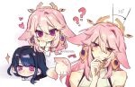  2girls alternate_form animal_ears animalization braid chibi commentary english_commentary fox fox_ears genshin_impact hair_between_eyes long_braid long_hair low-braided_long_hair low-tied_long_hair multiple_girls nonons person_and_animalization pink_fur raiden_shogun yae_miko yae_miko_(fox) yuri 