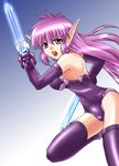  80s angry boots breasts claws fantasy jumping large_breasts legs leotard long_hair mochizuki_kazuto mutant nei oldschool open_mouth phantasy_star phantasy_star_ii pointy_ears purple_footwear purple_hair purple_legwear purple_leotard red_eyes science_fiction shouting solo thighs 