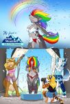  ammy_(9_to_9) anthro belly black_nose bottomwear breasts canid canine canis cari_(lightbluewaves) cartoonwolf clothed clothing digital_media_(artwork) english_text female fur grey_body grey_fur group hair jennifer_sherwood jessie_(9_to_9) mammal multicolored_hair multicolored_tail rainbow rainbow_hair rainbow_tail slightly_chubby smile soap suds tail text water wet wolf 