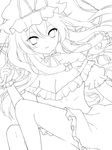  absurdres bare_shoulders bow breasts bug butterfly cleavage dress greyscale hair_bow hat hat_ribbon highres insect large_breasts lineart long_hair monochrome parted_lips purin_jiisan ribbon smile solo touhou umbrella yakumo_yukari 