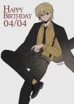  1boy alternate_costume belt black_belt black_jacket black_necktie black_pants black_shoes black_suit blonde_hair collared_shirt commentary_request dated dress_shoes english_text figure_four_sitting formal_clothes happy_birthday highres hunter_x_hunter jacket jacket_on_shoulders kurapika long_sleeves looking_to_the_side male_focus necktie pants shioha shirt shirt_tucked_in shoes sideways_glance sitting solo suit suspenders wing_collar yellow_shirt 