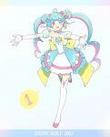  1girl :d agonasubi ahoge aqua_dress aqua_hair arm_scrunchie bare_shoulders blue_eyes blush_stickers bow bowtie character_name commentary_request curly_hair double_bun dress earrings elbow_gloves fingerless_gloves full_body gloves hair_bow hair_bun hair_ornament hatsune_miku heart heart_earrings highres jewelry layered_dress letterboxed long_hair looking_at_viewer multicolored_hair outstretched_arms pink_bow pink_bowtie pink_streaks smile snowball snowflake_brooch snowflake_ornament solo speech_bubble star_(symbol) star_hair_ornament star_in_eye strapless strapless_dress streaked_hair symbol_in_eye thighhighs twintails vocaloid white_dress white_gloves white_thighhighs wing_hair_ornament yellow_bow yuki_miku yuki_miku_(2027)_(candidate_no.1) zettai_ryouiki 