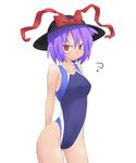  bow competition_swimsuit hat hat_bow highres nagae_iku one-piece_swimsuit purple_hair red_eyes route1911 short_hair solo swimsuit touhou 