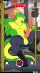 abs anthro balls bodily_fluids boots bottomwear clothed clothing derg_(character) digital_media_(artwork) dragon ear_piercing erection facial_piercing footwear genital_fluids genitals green_body hi_res horn humanoid_genitalia humanoid_penis kajhiro legwear looking_at_viewer male muscular muscular_anthro muscular_male mythological_creature mythological_scalie mythology nose_piercing nose_ring open_bottomwear open_clothing pants pecs penis piercing public public_erection public_exposure public_nudity public_transportation recording_video ring_piercing scales scalie shirtless_male shoes smile solo spread_legs spreading tail text vehicle wingless_dragon