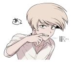  1boy angel_dust angel_dust_(human) bare_arms black_eyes blonde_hair body_freckles collared_shirt commentary_request finger_in_own_mouth freckles from_above gold_teeth hair_between_eyes hand_up hazbin_hotel hellaverse highres male_focus menma_(enaic31) portrait shirt short_hair signature simple_background solo speech_bubble swept_bangs teeth three-quarter_sleeves translation_request very_short_hair white_background white_shirt 