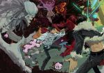  1girl 2boys 2others black_hair black_jacket black_pants black_sclera breasts bug cleaver cockroach colored_sclera curse cursed_spirit_(jujutsu_kaisen) earrings extra_arms extra_eyes festering_life_sword fur_trim highres holding holding_cleaver holding_sword holding_weapon ishigori_ryu jacket jewelry jin_(evrythgistwice) jujutsu_kaisen katana kurourushi_(jujutsu_kaisen) large_breasts long_hair male_focus multiple_boys multiple_others nude okkotsu_yuta orimoto_rika pants pink_hair pompadour red_eyes short_hair solo sword teeth uro_takako weapon white_jacket 