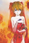  clothes_in_front flower highres long_hair neon_genesis_evangelion nude official_art plugsuit sadamoto_yoshiyuki signature solo souryuu_asuka_langley sunflower two_side_up 