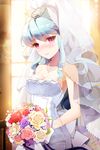  armpits bare_shoulders blue_hair blush bouquet breasts cleavage dress flower gilse gloves grin holding jewelry linus_falco long_hair lowres medium_breasts necklace open_mouth ponytail red_eyes rose smile solo strapless sword_girls tiara veil veins very_long_hair wavy_hair wedding_dress 