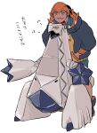  1boy :3 aqua_eyes black_hair black_hoodie black_shoes blue_shorts chuu_ni closed_mouth commentary_request drawstring duraludon fang fang_out hand_in_pocket headband hood hood_down hoodie jitome male_focus musical_note open_mouth orange_headband orange_hoodie pokemon pokemon_(creature) pokemon_sword_and_shield raihan_(pokemon) shoes short_hair shorts smile spiked_hair standing translation_request two-sided_hoodie white_background yellow_eyes 