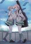  2girls absurdres aquarium bag bandaid bandaid_on_face bang_dream! bang_dream!_it's_mygo!!!!! bird blurry blurry_background brown_shoes chihaya_anon chinese_commentary closed_mouth collared_shirt commentary_request commission from_side full_body gift green_skirt green_socks grey_eyes guitar_case haneoka_school_uniform highres holding holding_gift indoors instrument_case loafers long_hair looking_at_another miniskirt multiple_girls necktie open_mouth penguin pink_hair pleated_skirt school_bag school_uniform second-party_source shirt shoes short_hair short_sleeves skirt socks standing suudori sweater_vest takamatsu_tomori water white_shirt 