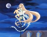  absurdly_long_hair absurdres artbook bare_shoulders barefoot blonde_hair blue_background brown_eyes building chii chobits clamp dress from_side full_body full_moon highres interlocked_fingers lantern long_hair moon night night_sky official_art ribbon robot_ears scan skirt sky sleeveless sleeveless_dress solo star_(sky) starry_sky traditional_media very_long_hair white_skirt 