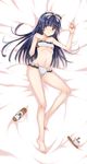  arm_up bangs barefoot bed_sheet bikini black_hair blunt_bangs blush bow breasts covered_nipples feet frilled_swimsuit frills gokou_ruri groin hair_bow highres hime_cut long_hair long_legs looking_at_viewer lying mole mole_under_eye mushi024 navel on_back ore_no_imouto_ga_konna_ni_kawaii_wake_ga_nai purple_eyes sandals sandals_removed shoes_removed small_breasts solo swimsuit 