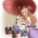  bow brown_eyes brown_hair chain cup fang gourd hair_bow highres horns ibuki_suika long_hair low-tied_long_hair open_mouth oriental_umbrella sakazuki shirt sitting sleeveless sleeveless_shirt solo takumi_(scya) touhou umbrella wrist_cuffs 