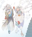  2boys aged_down alternate_costume blue_coat blue_shirt brown_coat brown_hair cat closed_eyes coat commentary dated drink envelope flower food food_on_head fruit full_body grey_hair grey_pants highres holding holding_drink holding_envelope hongbao honkai:_star_rail honkai_(series) jing_yuan lion male_focus mandarin_orange multiple_boys object_on_head open_mouth pants riding riding_animal scarf shirt smile snow steam white_flower white_scarf yanqing_(honkai:_star_rail) yuriha314 