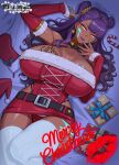  1girl absurdres adaku_okoro blunt_bangs candy candy_cane clothing_cutout dark-skinned_female dark_skin detached_sleeves dress f.b.w food fur-trimmed_dress fur_trim gift highleg highres hip_vent lipstick_mark lying merry_christmas miniskirt on_back panties purple_hair red_skirt santa_costume santa_dress skirt solo tatakau_ni_atai_suru thighhighs underwear white_thighhighs yellow_eyes 