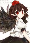  1girl back_cutout bird_wings black_skirt black_wings brown_hair clothing_cutout commentary feathered_wings hat highres long_hair looking_at_viewer puffy_short_sleeves puffy_sleeves red_eyes red_hat shameimaru_aya shirt short_sleeves simple_background skirt smile solo tama_(hiroshige_36) tokin_hat touhou watermark white_background white_shirt wings 