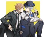  2boys aoyagi_touya armband black_gloves black_jacket black_necktie black_pants blue_hair blush closed_mouth collared_shirt crossed_arms earrings gloves grey_eyes hair_between_eyes hand_up hat highres jacket jewelry kabinghaochi knees_up layered_clothes long_sleeves looking_at_another mole mole_under_eye multicolored_hair multiple_boys necktie open_clothes open_jacket orange_eyes orange_hair overcome_one's_limits_(project_sekai) pants ring shinonome_akito shirt short_hair sitting smile the_first_concerto_(project_sekai) treble_clef two-tone_hair vest wing_collar 