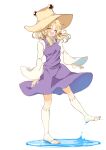  1girl absurdres blonde_hair blush brown_hat commentary_request full_body hair_ribbon hat highres kneehighs long_hair long_sleeves looking_at_viewer moriya_suwako one_eye_closed open_mouth puddle purple_skirt purple_vest red_ribbon ribbon seika_okawari skirt skirt_set smile socks solo toeless_legwear touhou tress_ribbon vest water white_socks wide_sleeves yellow_eyes 