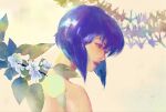  1girl breasts deadcalm_(de6mpgi6jb44717) expressionless flower from_side ghost_in_the_shell ghost_in_the_shell:_stand_alone_complex highres kusanagi_motoko leaf looking_to_the_side medium_breasts plant purple_eyes purple_hair solo subdermal_port white_flower 