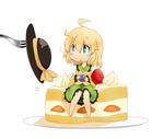  1girl ahoge aqua_eyes barefoot blonde_hair blush cake chibi female food hat hat_removed headwear_removed komeiji_koishi open_mouth rakucat short_hair solo touhou 