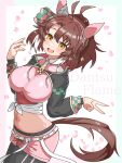  1girl animal_ears belt black_shrug blurry blurry_background breasts brown_eyes brown_hair character_name commentary_request dantsu_flame_(center_spotlight)_(umamusume) dantsu_flame_(umamusume) ear_covers hairband hand_on_own_hip hand_up highres hood hood_down hooded_shrug horse_ears horse_girl horse_tail large_breasts looking_at_viewer medium_hair midriff multicolored_hair navel open_mouth pink_hairband pink_shirt ponytail shirt shrug_(clothing) smile solo stomach streaked_hair swallow_leftyp tail tearing_up umamusume v white_belt white_hair white_streaks 