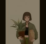  1girl artist_name black_border black_choker black_shirt blunt_bangs blunt_ends blush bob_cut bomber_jacket border brown_background brown_eyes brown_hair brown_shorts choker collarbone commentary commentary_typo cowboy_shot crop_top drawstring expressionless film_grain green_jacket green_trim highres holding holding_plant jacket leon_the_professional light_blush light_frown looking_at_viewer mathilda_lando me_(user_uusy4554) midriff navel open_clothes open_jacket package pendant_choker pillarboxed plant potted_plant shirt short_hair shorts signature solo standing straight-on 