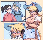  ... 1boy 2girls absurdres anger_vein animal_ears blue_eyes blue_hat blue_lips blush breasts brown_gloves crossed_arms dark-skinned_female dark_skin gloves hair_between_eyes hat higashikata_rina highres hooded_shirt horse_ears horse_girl horse_tail japanese_clothes johnny_joestar jojo_no_kimyou_na_bouken kimono large_breasts multiple_girls personification red_kimono slow_dancer_(jojo) starlinkman steel_ball_run tail 
