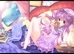  bed blush book crescent cup double_bun dress hat highres holding holding_book long_hair looking_at_viewer magic maryquant patchouli_knowledge pillow purple_eyes purple_hair saucer single_thighhigh sitting solo teacup teapot thighhighs touhou white_legwear 