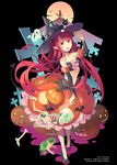  2012 :d artist_name bare_shoulders bat blush bone cat detached_sleeves dress fishnets frog full_moon ghost halloween hat holding jack-o'-lantern long_hair looking_at_viewer moon open_mouth original red_eyes red_hair skeleton smile solo vofan witch_hat wolf 