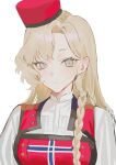  1girl akagi_kurage blonde_hair breasts commentary_request eidsvold_(kancolle) grey_eyes hat highres kantai_collection large_breasts long_hair looking_at_viewer norwegian_flag_print red_hat shirt smile solo upper_body very_long_hair white_shirt 