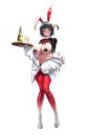  1girl absurdres alcohol animal_ear_hairband animal_ears black_shrug breasts champagne champagne_bottle champagne_flute commentary_request cup draw_hyun drinking_glass fake_animal_ears frontless_outfit full_body goddess_of_victory:_nikke hair_ornament hairband heart_maebari heart_pasties highres hiphighs holding holding_plate korean_commentary large_breasts latex latex_shrug maebari mismatched_pasties mole_under_breast navel official_alternate_costume pasties plate rabbit_ear_hairband rabbit_ears red_hiphighs reverse_bunnysuit reverse_outfit rouge_(nikke) rouge_(unlucky_rabbit)_(nikke) shrug_(clothing) simple_background smile solo spade_brooch spade_hair_ornament spade_pasties white_background 