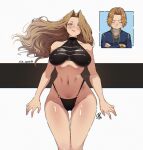  1boy 1girl alternate_costume artist_name bikini black_bikini blood blue_eyes blue_jacket blush breasts brown_hair closed_eyes covered_collarbone crossed_arms curtained_hair facial_hair floating_hair highleg highleg_bikini jacket jk_arts large_breasts long_hair looking_at_viewer methode_(sousou_no_frieren) navel nosebleed o-ring_bikini_bottom parted_bangs sein_(sousou_no_frieren) solo_focus sousou_no_frieren stomach swimsuit tankini thigh_gap thighs twitter_username very_long_hair 