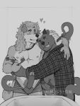 anthro arm_tattoo armpit_hair balls bathrobe bear bird_dog body_hair boomstick_0 boxers_(clothing) brush brushing brushing_hair canid canine canis clothed clothing comb_(brush) domestic_dog dragon duo foreskin genitals hair hair_over_eye hairbrush heart_clothing heart_symbol heart_underwear hi_res horn hunting_dog hybrid jewelry male male/male mammal mythological_creature mythological_scalie mythology necklace one_eye_closed partially_clothed pattern_clothing pattern_shirt pattern_topwear penis personal_grooming plaid plaid_clothing plaid_shirt plaid_topwear pubes retriever robe scalie shaggy_hair shirt shirtless sink smile standing styling_hair tattoo tentacles tongue tongue_out toothbrush topwear underwear underwear_down wink