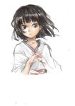  black_hair bob_cut brown_eyes floating_hair fujiwara_no_mokou fujiwara_no_mokou_(young) hands_clasped japanese_clothes kimono own_hands_together peninsula_(disappearedstump) short_hair solo touhou younger yukata 