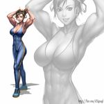  abs adjusting_hair breasts chun-li double_bun earrings highres jewelry large_breasts md5_mismatch muscle muscular_female nudtawut_thongmai shoes smile solo street_fighter street_fighter_zero_(series) unitard watermark web_address zoom_layer 