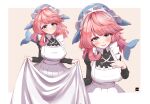 1girl alternate_costume apron blue_hat blush breasts clothes_lift collared_shirt dress green_eyes hand_on_own_chest hat highres large_breasts long_sleeves looking_at_viewer lykesya maid okunoda_miyoi pink_hair shirt short_hair skirt skirt_lift smile solo touhou whale_hat white_dress 