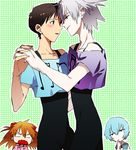  2girls ayanami_rei black_bodysuit blue_hair bodysuit brown_hair couple dancing finger_to_mouth grey_hair holding_hands hosaka_dx ikari_shinji male_focus multiple_boys multiple_girls nagisa_kaworu neon_genesis_evangelion orange_hair souryuu_asuka_langley surprised yaoi 