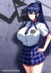 1girl aomiya_mizuha artist_name blue_eyes blue_hair blue_necktie blue_skirt blush breasts button_gap closed_mouth collared_shirt cowboy_shot hand_on_own_hip hellandheaven highres huge_breasts juukon_sentai_juusoldier large_breasts large_variant_set long_hair looking_at_viewer miniskirt necktie paid_reward_available patreon_username plaid_clothes plaid_necktie plaid_skirt pleated_skirt ponytail school_uniform shirt shirt_tucked_in short_sleeves sidelocks skirt solo standing tented_shirt thighs variant_set white_shirt 