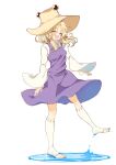  1girl blonde_hair blush brown_hat commentary_request full_body hair_ribbon hat highres kneehighs long_hair long_sleeves looking_at_viewer moriya_suwako one_eye_closed open_mouth puddle purple_skirt purple_vest red_ribbon ribbon seika_okawari skirt skirt_set smile socks solo toeless_legwear touhou tress_ribbon vest water white_socks wide_sleeves yellow_eyes 