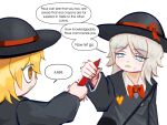 2girls absurdres among_us black_skirt blonde_hair blue_eyes bow bowtie commentary crayon crewmate_(among_us) don_quixote_(project_moon) elephant english_text faust_(project_moon) hat heart here_i_saved_u_the_red_one_(meme) highres limbus_company limbus_kindergarten_uniform meme multiple_girls official_alternate_costume orange_eyes pleated_skirt project_moon red_bow school_hat senlidoesstuff skirt traditional_bowtie white_background white_hair 