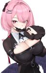  1girl 4kebidayo absurdres adjusting_mask arm_under_breasts black_dress black_mask black_wings blush breasts cleavage commentary dress hair_intakes hand_up highres large_breasts looking_at_viewer low_wings mask medium_hair mouth_mask parted_lips pink_eyes pink_hair pointy_ears ramiel_(zenless_zone_zero) red_nails simple_background solo upper_body white_background wings zenless_zone_zero 