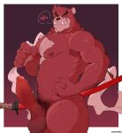  anthro armpit_hair balls bear body_hair erection flexing flexing_bicep fur genitals grin grinning_at_viewer heart_symbol holding_object humanoid katana kumatetsu male mammal melee_weapon muscular muscular_anthro muscular_male neck_tuft nipples nude pubes red_body red_fur retsito smile smile_at_viewer smiling_at_viewer solo standing sword the_boy_and_the_beast tuft weapon 