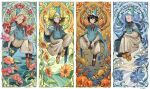  4girls agott_arklaum_(tongari_boushi_no_atelier) autumn black_hair black_leggings blue_eyes blue_hair boots brown_boots chrysanthemum cloak closed_mouth coco_(tongari_boushi_no_atelier) flower green_eyes green_hair hat hibiscus highres leggings lily_of_the_valley lily_pad long_hair morning_glory multiple_girls pink_eyes pink_hair procreate_(medium) pumpkin purple_eyes qifrey's_atelier_apprentice_uniform richeh_(tongari_boushi_no_atelier) short_hair sitting smile spring_(season) summer sunflower tassel tetia_(tongari_boushi_no_atelier) tongari_boushi_no_atelier valley winter zoinyoi 